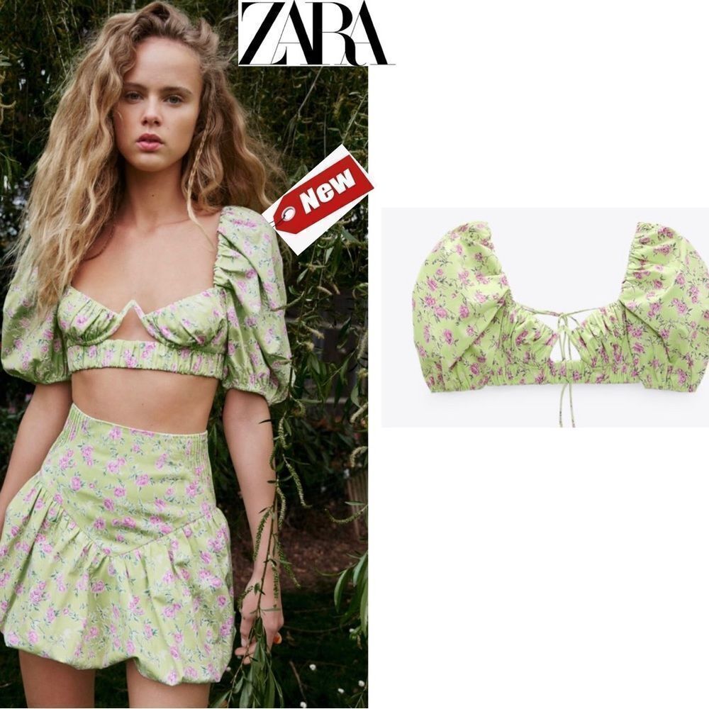 ZARA Green floral flower print puff sleeve crop top Sz L NWT